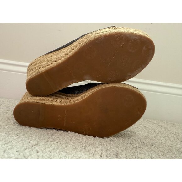Tory Burch Shoes Size 6 Espadrille Grey Shine Metallic Shine Peep Toe Wedge Heel - Picture 7 of 15